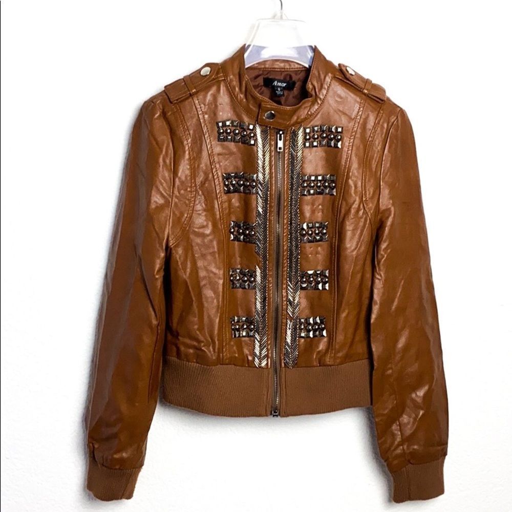 Amor Light Brown Metal Studded Pleather Jacket
